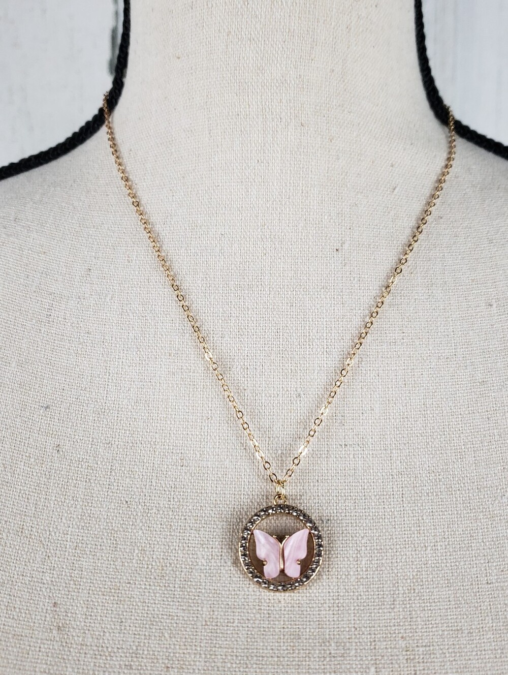 Gold Butterfly Pendant Necklace with Pink Inlay